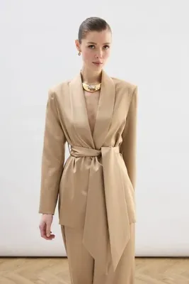 Sateen Kuşaklı Saten Ceket - Camel
