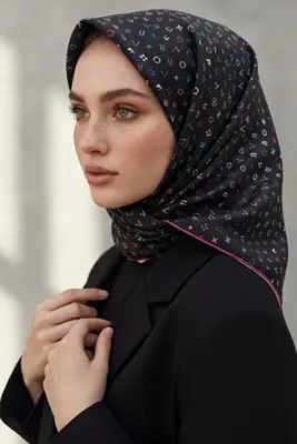 Vissona %100 Twill İpek Çıtır Motif Desenli Siyah - Fuşya Renkli 90x90 Eşarp Dikim Şekli : El Dikişi