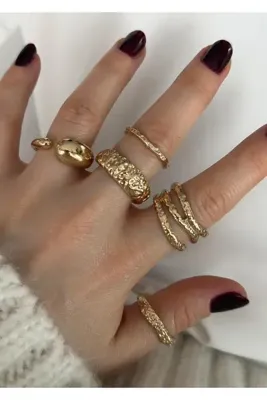 Pinery Jewels İri Renkli Taşlı Altın Kaplama Çoklu Yüzük Seti