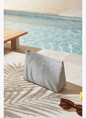 Ocean Home Textile Termal Astarlı Su İtici Leke Tutmaz Gri Renk Jüt Keten Makyaj İlaç Çantası 23 x 16 x 7 cm