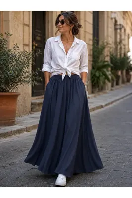 SELDAĞ MODA GABARDİN GİZLİ CEPLİ DÜZ LACİVERT RENK BELİ LASTİKLİ 95 CM BOY MAXİ KLOŞ ETEK