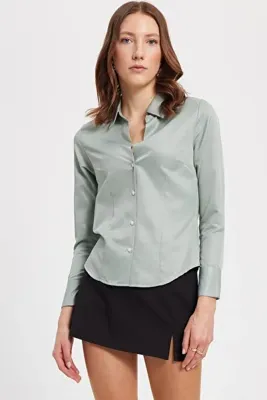 Tudors Kadın Slim Fit Dar Kesim Pensli Vücuda Oturan Klasik Yaka Uzun Kollu Likralı Mint Gömlek