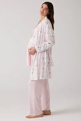 MERCİ MARYA Çiçek Desen Sabahlıklı Hamile Lohusa 3'lü Pijama Takımı