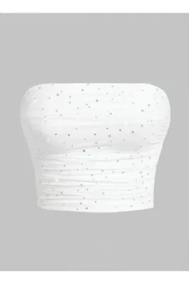 auraandmore DRAPLELİ TAŞ DETAYLI STRAPLEZ DIAMOND CROP BLUZ