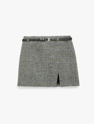 Koton Yırtmaçlı Slim Fit Kemerli A Kesim Ekoseli Mini Etek