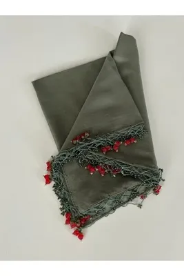 GÜNBATILI El Emeği Kiraz Oyası Yazma Kenarı Boncuklu Tülbent el işi oya 100x100cm 4 kenar oyalı
