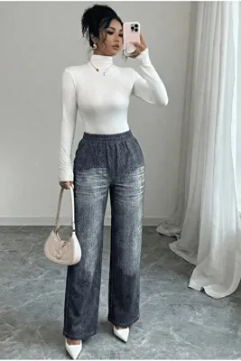 Avones Kadın Antrasit Denim Desenli Geniş Paça Beli Lastikli 2 İplik Rahat Eşofman-Pantolon
