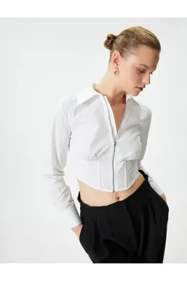 Koton Crop Gömlek Fermuarlı Korse Detaylı Pamuklu