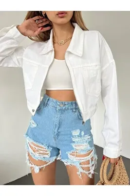 LB Laluna Butik Kadın Ekru Fermuarlı Göğüs Cepli Crop Ceket Salaş Kesim