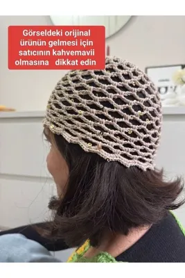 Kahvemavii Pullu File Örgü Şapka