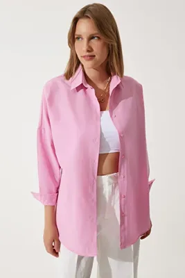 Happiness İstanbul Kadın Pembe Oversize Uzun Basic Gömlek  DD00842