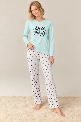 rindahomewear Kadın Gırl Power Baskılı Süprem Uzun Kol Pijama Takımı