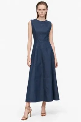 HAKKE Kadın Kolsuz Kloş Denim Maxi ELBİSE