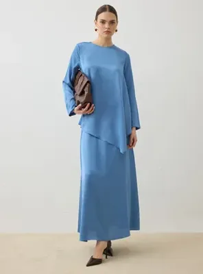 Refka Saten Kumaş Tunik&Etek Takım - Mavi - Refka