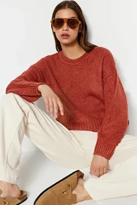 TRENDYOLMİLLA Kiremit Geniş Kalıp Yumuşak Dokulu Basic Triko Kazak TWOAW23KZ00185