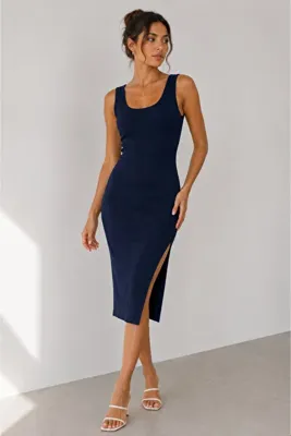 buğlem collection Kadın U Yaka Yırtmaçlı Pamuklu Likralı Kaşkorse BodyCon Elbise -110 cm-