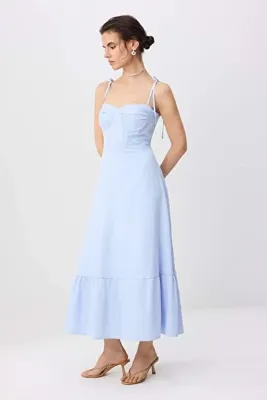TRENDYOLMİLLA Açık Mavi Düz A Kesim Gipeli Maxi Dokuma Elbise TWOSS24EL01128