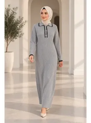 Maymara KADIN POLO YAKA DOKOLU TRİKO ELBİSE GRİ