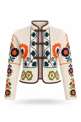 5in1Canpolat Ekru Nakış İşlemeli Gabardin Ceket 6392