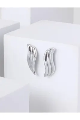 Jimmy Key Gümüş Rengi Dalga Formlu Modern Küpe