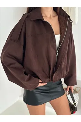 02Lady Fashion Oversize Apolet Detaylı Süet Kumaş Ceket