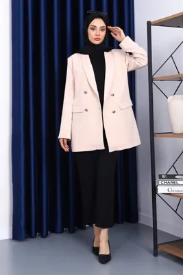 İmajButik Bej Düğmeli Kruvaze Yaka Krep Ceket