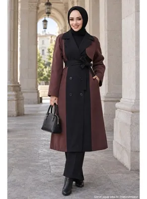 hafsamina İki Renkli Kuşaklı Trençkot Kahverengi HM2983