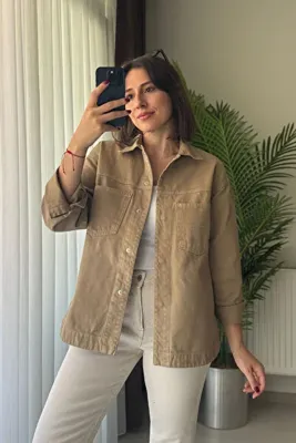 Kubos Moda %100 Pamuk Çift Cep Çıtçıtlı Oversize Vizon Gabardin Ceket