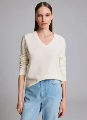 Pierre Cardin LESU-V Ekru Kadın V Yaka Regular Fit Kazak