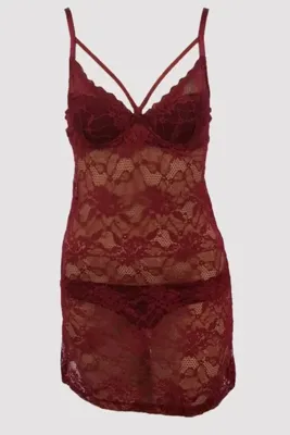 Pierre Cardin Bordo 4661 Pedli Balenli Çeyiz Dantel Gecelik Ve String Fantezi Iç Çamaşır Takımı