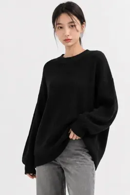 Abruzzo Siyah Bisiklet Yaka Oversize Kadın Triko Kazak