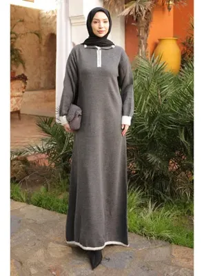 İmaj Butik Füme Gömlek Yaka Fermuarlı Triko Elbise