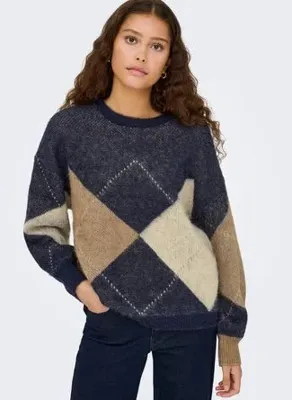 ONLY 1535322619-3924 TCX Koyu Lacivert Kadın O Yaka Desenli Desen Rahat Triko Kazak