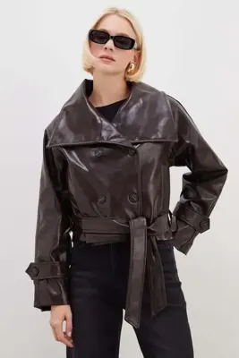 Fulla Moda Beli Kemerli Suni Deri Ceket