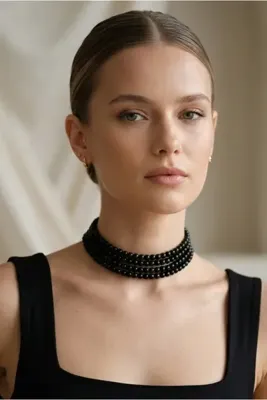 bb bridal boutique Cam Siyah İncili Tasma Kolye, Choker Kolye, Tasarım Kolye, Şık Kolye, Kolye