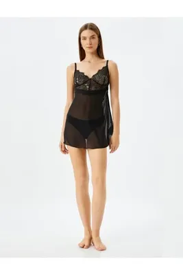 Koton Sırt Dekolte Detaylı Transparan Askılı Dantelli Tül Babydoll