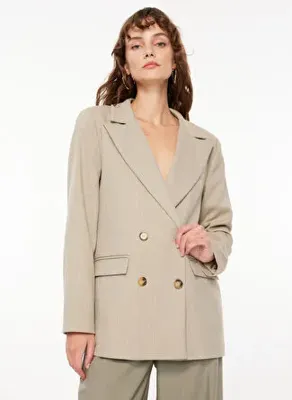 Fabrika Comfort Bej Kadın Kruvaze Kalıp Çizgili Blazer FC3WL-CKT22