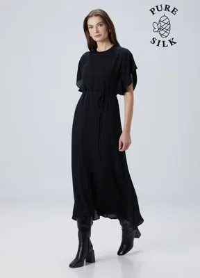 Beymen Collection Siyah Beli Bağlamalı Midi İpek Elbise