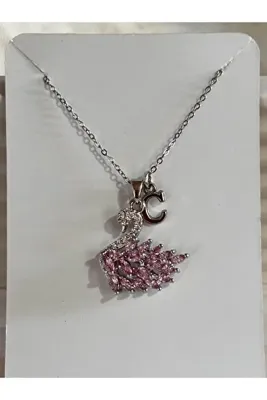 bijoux uniques 316L Çelik pembe zirkon taşlı kuğu C harfli kolye