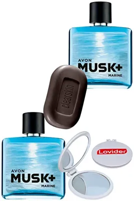 Avon Musk Marine Erkek Parfüm EDT 75ml X 2 Adet + Kömürlü Sabun + Lovider Cep Aynası Hediye