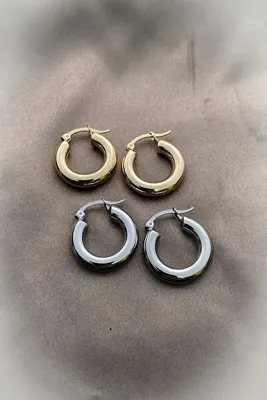 roshel Çelik Kararmaz - 2 Çift Premium Bombeli Halka Küpe Oval Gold Altın Kalın Küpe Kadın Zincironline