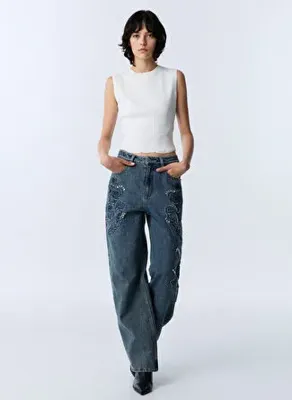 Twist Mavi Kadın Çiçek Desenli Denim Pantolon TW6260018004089