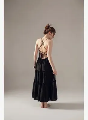 NEFS Design Sırt Dekolteli Keten Elbise Halter Yaka Uzun Boy Siyah 