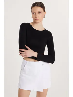 Tudors Kadın Slim Fit Modal Kumaş Pamuklu Bisiklet Yaka Siyah Bluz