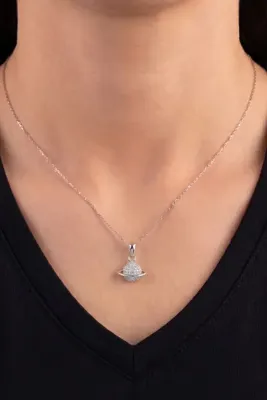 Söğütlü Silver 925 Ayar Gümüş Kolye Zirkon Taşlı Evren Işıltısı Satürn Gezegen Kolye Rodajlı uzay Temalı SGTL13406R
