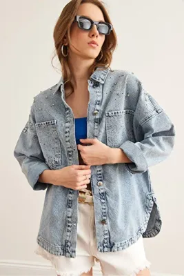 Olalook Kadın Mavi Boncuk ve Taş Detaylı Oversize Denim Ceket CKT-19000433