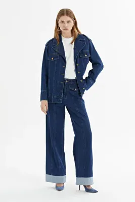 Kiwe Apolet Detaylı Oversize Lacivert Denim Ceket