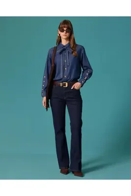 SEÇİL Fular Yaka Metal Düğmeli Denim Gömlek