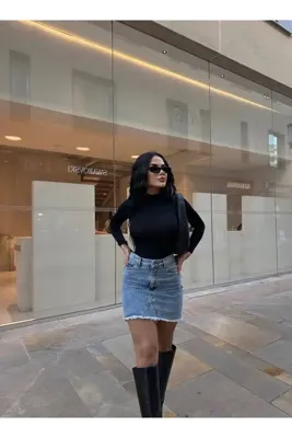 LB Laluna Butik Kadın Mavi Yüksek Bel Altı Püskül Detaylı Kot Etek