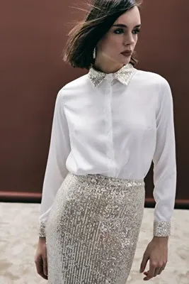 Sateen Payet Detaylı Saten Gömlek - Bej